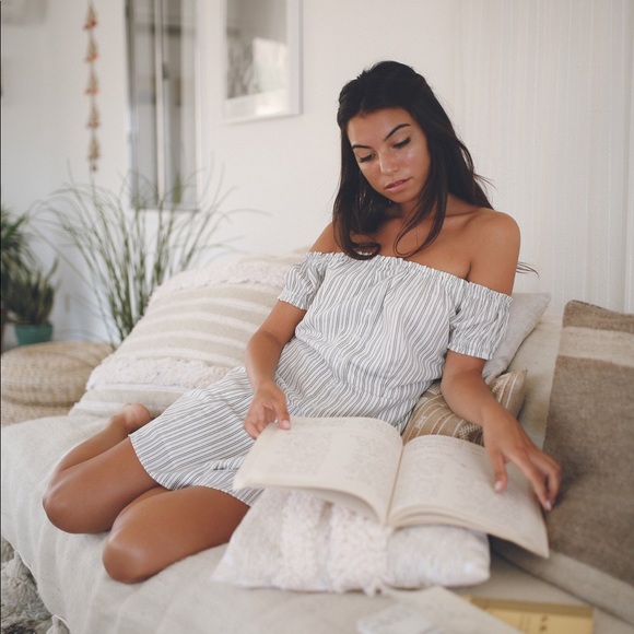 White Off Shoulder Striped Dress - Picture 1 of 4